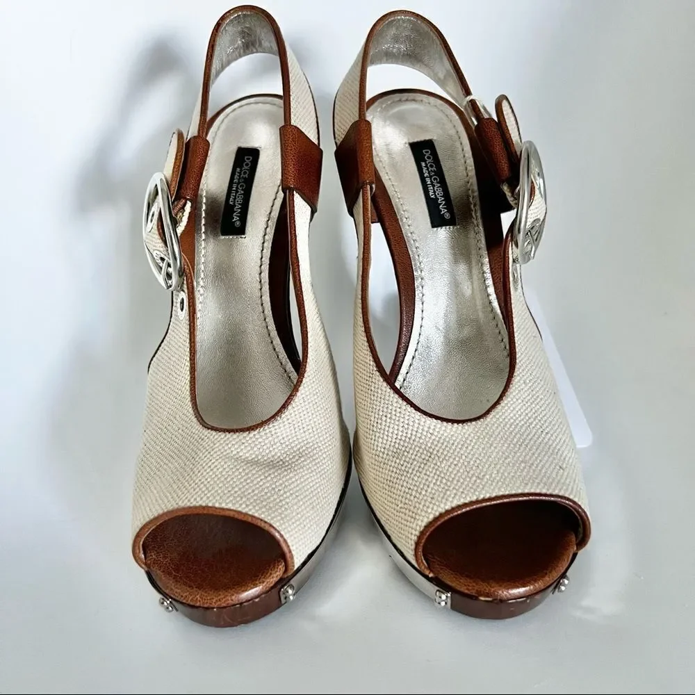 NEW Dolce & Gabbana Canvas Wooden Platform Open Toe Slingback EU 37 MSRP $795